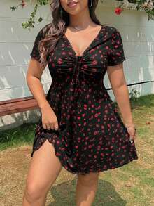 Solflare Plus Size Women's Black Ditsy Floral Casual Front Tie Short Sleeve Dress - Black - View 4