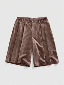 ROMWE MEN Street Life 男士钢琴格纹休闲宽松百搭短裤 - 棕色 - 查看 1