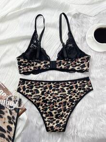 2pcs Women Leopard Print Lingerie Set, Sexy Lace Patchwork Push-Up Bra