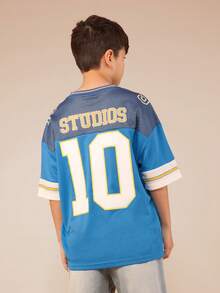 SUMWON Camiseta de manga corta con cuello en V de verano casual con gráfico del número 10 de fútbol para niños, talla grande - Azul - Ver 2
