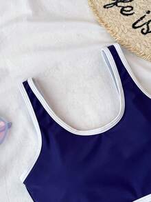 SHEIN 少女撞色滚边泳衣套装，沙滩/度假款 - 寶藍色 - 查看 3