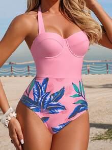 Swim Lushoire Digital Print Underwire Halter One-Piece Swimsuit For Beach Vacation, Spring/Summer - Multicolor - View 4