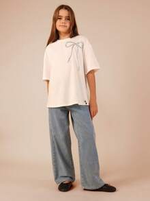 SUMWON 超大亮片蝴蝶结装饰短袖圆领T恤，适合青少年女孩日常休闲度假穿着 - 白色 - 查看 3