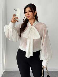 Elenzga 大码优雅通勤波点印花系领灯笼袖衬衫 - 杏色 - 查看 6