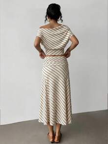 Aloruh Women's Elegant Oblique Shoulder Short Sleeve Top & Blue And White Stripe Asymmetric Ruched Skirt Two Piece Set,Summer Vacation Brunch Pencil Outfits - Multicolor - View 3