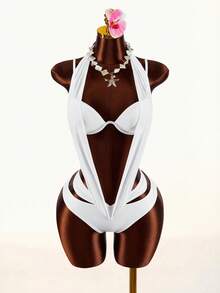 Amplova Women's Halter Neck One-Piece Swimsuit With Mesh Splice, Sexy Backless Design Vacation Outfit Vacation Outfits Women Holiday Outfits For Women - Apricot - View 3