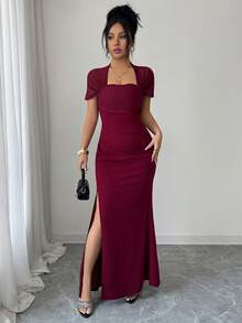 SHEIN Elenzya 优雅浪漫的修身连衣裙，腰部收紧，裙摆呈喇叭形，短袖方领披肩设计，适合派对、约会和聚会等场合。 - 酒紅色 - 查看 6