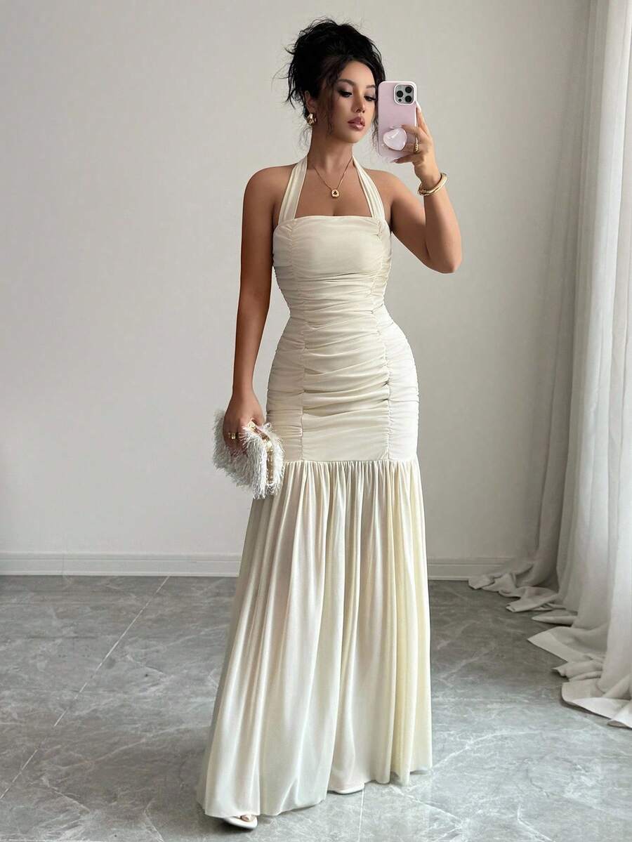 Elenzga 女士优雅杏色网纱无肩带褶皱修身连衣裙，适合派对、宴会、奢华晚礼服 - 杏色 - 查看 1