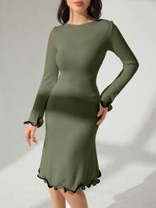 Modelyn Autumn/Winter Sexy Ruffle Hem Ribbed Knit Long Sleeve Bodycon Dress - Green - View 5