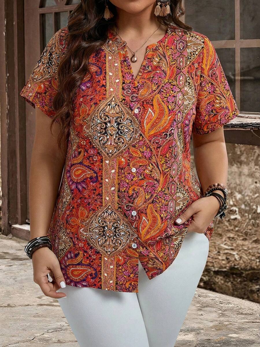 EMERY ROSE Áo sơ mi ngắn tay in họa tiết phong cách Bohemian dành cho nữ cỡ lớn, đính cúc, thích hợp cho mùa xuân và mùa hè. - Đỏ - Xem 1