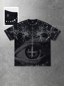 ROMWE MEN 2026 Spring, Autumn & Summer Men's Casual Rhinestone Embellished Round Neck Printed Short Sleeve T-Shirt, Punk Street Y2K Style Summer Top - Black - View 1