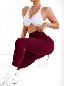 Seamluxe SHEIN Sport 女士高腰无缝酒红色运动紧身裤 - 酒紅色 - 查看 5