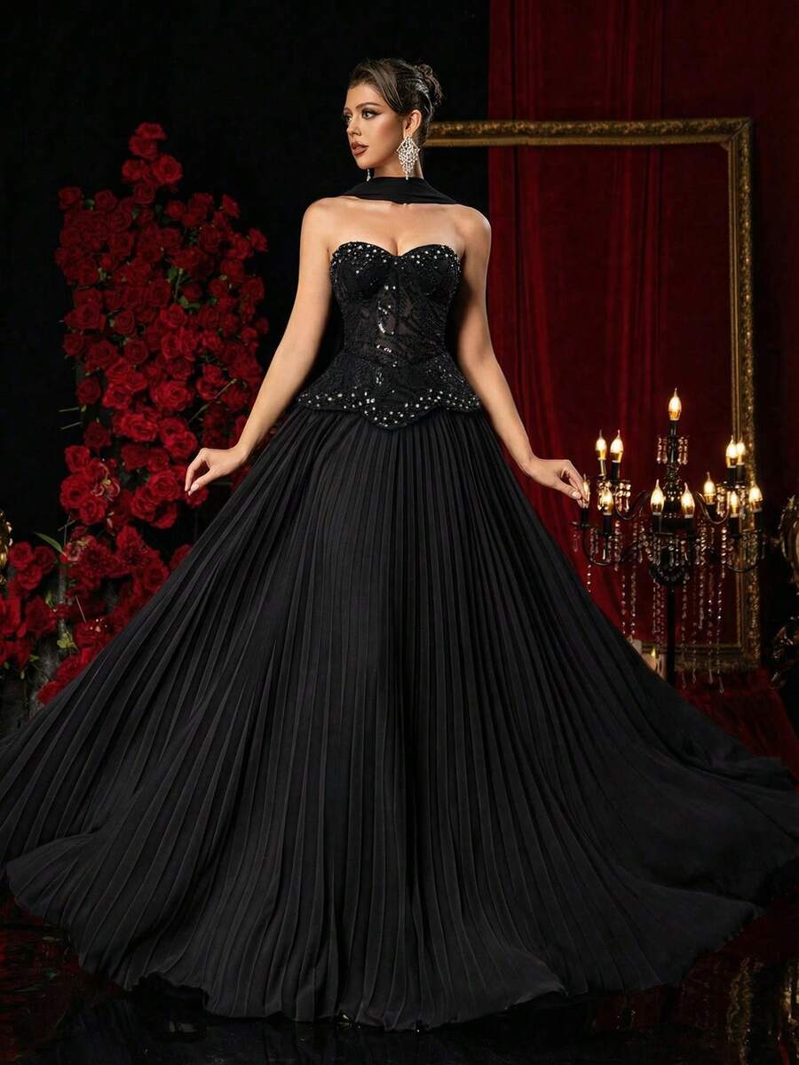 Glamrae 优雅、浪漫、奢华、高贵，这款奢华的红色亮片雪纺拼接褶皱长裙，搭配超大裙摆，适合度假、婚礼、单身派对、正式舞会、盛大晚宴等场合。 - 黑色 - 查看 1