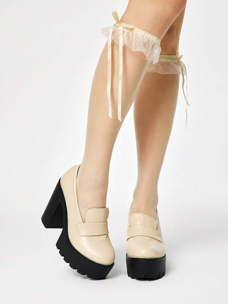 ROMWE Kawaii Fashionable Versatile Commute Thick Sole Chunky High Heel Pumps Y2K 2000s Style - Beige - View 1