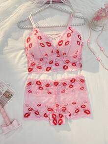 PetitDoll 2pcs Valentine's Day Red Lip & Heart Lace Wireless Bralette Set - Pink - View 3