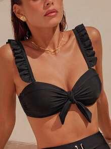 SHEIN Swim Summer Beach Ruffle Trim Knot Bust Bikini Top - Black - View 7