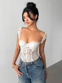 Aloruh Áo liền thân gợi cảm cổ tim tay ngắn ren hoa dành cho nữ - trắng - Xem 4