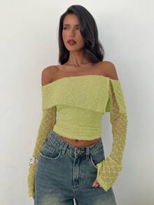 Aloruh Women's Casual Commuter Solid Color Textured Off-Shoulder Top - Green - View 4