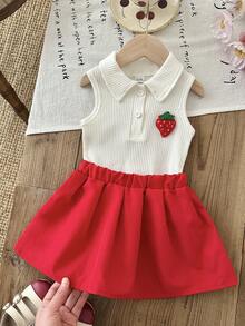 SHEIN 2pcs/ Set Outfits For Baby Girls, Spring/Summer Casual Style, Strawberry Knot Embroidered Sleeveless Top And Red Short Pleated Skirt. - Red - View 4