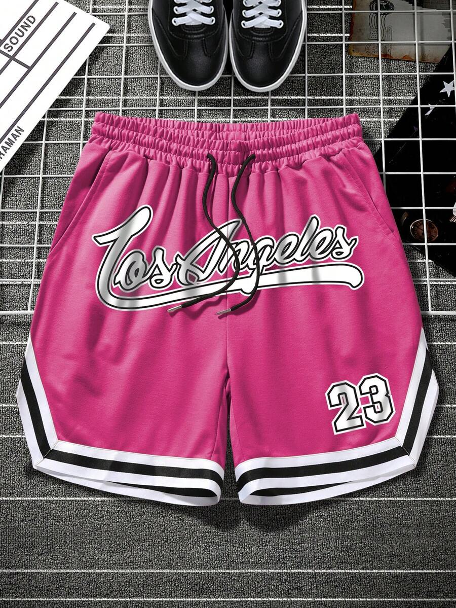 Manfinity Roghcode Loose Men's Letter Graphic Striped Trim Drawstring Waist Shorts - Hot Pink - View 1