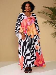 BrightlyHer Plus Size Women's Summer Casual Vacation  Zebra & Floral Print Loose Dress,  Summer Holiday,Spring Break Outfits ,Vacation Outfits Women ,Holiday Outfits For Women,Spring Dress Women,Going Out Outfits,2026 New Clothes,Simple And Fashionable For Everyday Wear,Casual Vacation Boho Top,Dresses For Women,Flowy Dress,Holiday Outfits Boho Plus Size Resort Wear Plus Size Hawaiian Dress Tropical Dress Plus Size Animal Print Plus Size - Multicolor - View 6