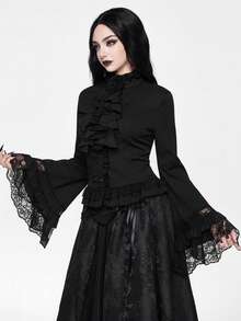 ROMWE EDITION 哥特风蕾丝喇叭袖下摆女式衬衫，适合万圣节装扮 - 黑色 - 查看 3