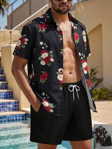 Manfinity Swimmode 男士休闲印花短袖衬衫搭配抽绳短裤沙滩套装，夏季 - 彩色 - 查看 4