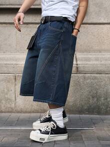 Manfinity EMRG Men's Casual Loose Fit Pocketed Wide Leg Denim Shorts - Medium Wash - View 8