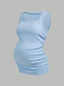 Modmama Top ajustado con pliegues de unicolor para maternidad, verano - Azul y blanco - Ver 12