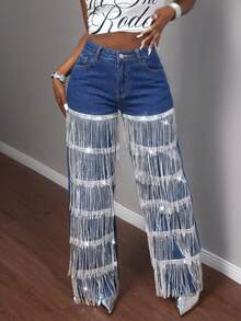 Slaydiva Jeans di moda decorati con paillettes multicolore e nappe - Blu lavato scuro - Visualizzare 2