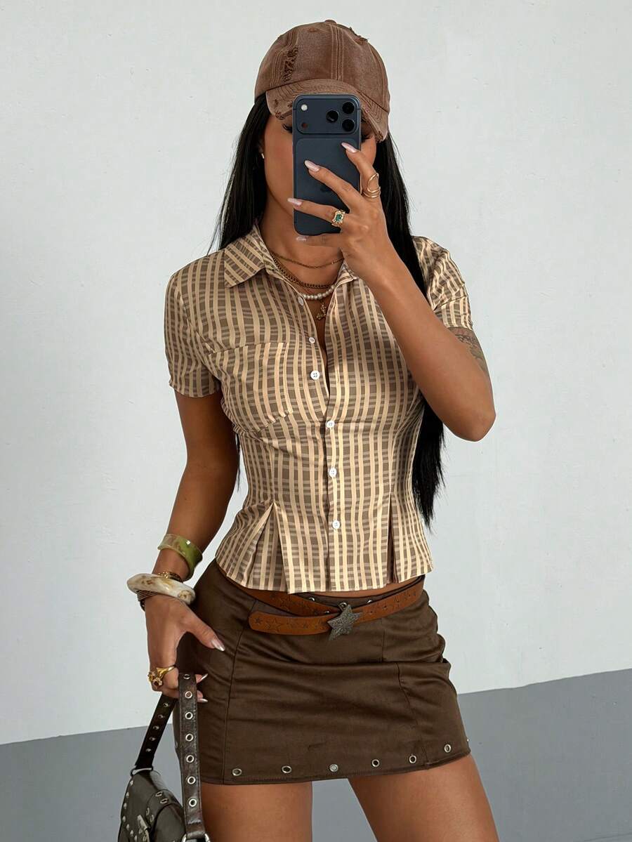 StreetHx Women's Street Style Plaid Fitted Waist Short Sleeve Shirt - Apricot - View 1