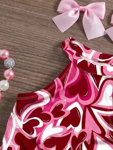 SHEIN Babygirl Casual Collared Sleeveless Asymmetrical Hem Heart Print Tank Top And Flare Pants Set - Multicolor - View 5