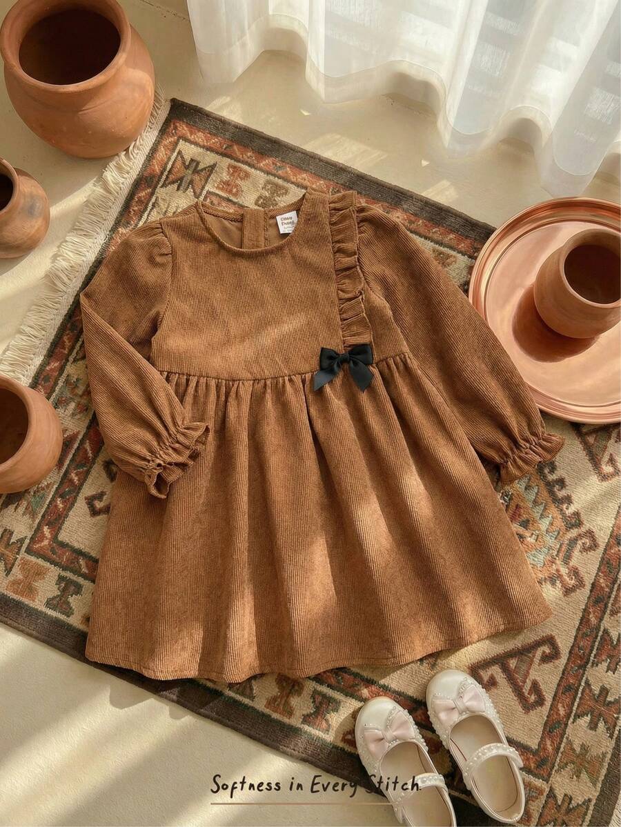 Cozy Pixies Baby Girl Textured Bow Decor Round Neck Long Sleeve Waist Cinched Dress - Brown - View 1