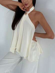 Aloruh 女士纯色金属装饰优雅吊带上衣，情人节女装，可爱夏季上衣，杏色缎面材质，饰有金属扣环，吊带设计，A字廓形，显瘦，是约会和浪漫派对的完美之选 - 白色 - 查看 6