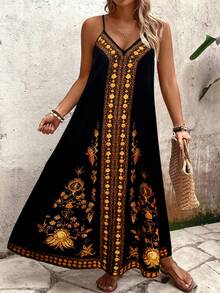 Breezaya 大码女式深V领无袖波西米亚风印花刺绣长裙，复古休闲度假海滩通勤夏季新款 - 彩色 - 查看 4