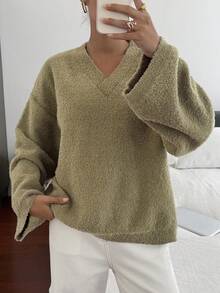 Livesso Damen Loose Fit V-Ausschnitt Strickpullover, Business Lässig, modischer Street-Style, Unifarbe, geeignet für Herbst/Winter, Neujahr, Weihnachten - Braun - Übersicht 5