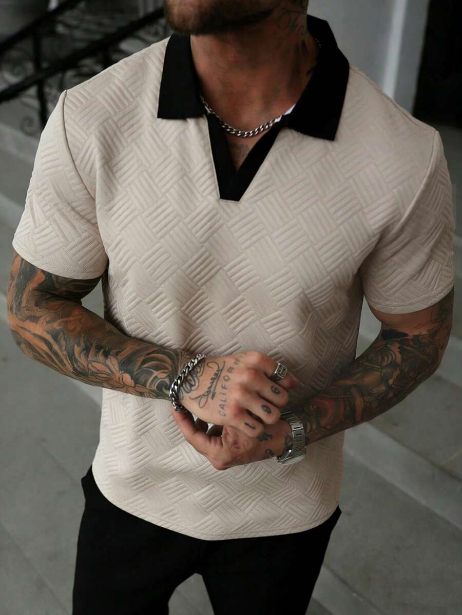 Manfinity Homme Men's Textured Apricot Ribbed Collar Polo Shirt - Apricot - View 1