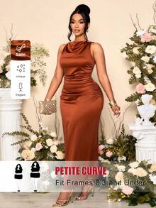 SHEIN PETITE CURVE 女士优雅纯色垂褶领无袖派对礼服，宴会完美之选 - 棕色 - 查看 1
