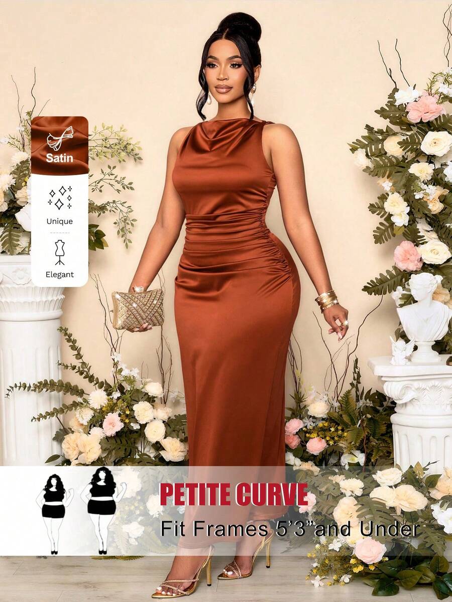 SHEIN PETITE CURVE 女士优雅纯色垂褶领无袖派对礼服，宴会完美之选 - 棕色 - 查看 1