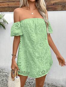 Glamine Women's Mint Green Summer Boho Off Shoulder Dress,Hollow Out Embroidered Pattern Mini Beach Dress,Holiday Vacation Outfit Cover Up,Solid Color - Green - View 3