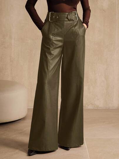 Anewsta Women's PU Leather High Waist Wide Leg Pants, Casual Business Wear, New European And American Style, Suitable For Halloween, Autumn/Winter