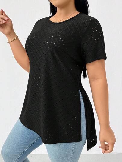 SHEIN Essnce Blusa de manga corta con abertura alta, de tela jacquard transparente y cómoda, de estilo casual y cómodo para mujer de talla grande, para primavera/verano, atuendos de verano, blusas para salir, blusas para curvas