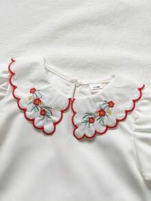 Playful Pals 2pcs Baby Girls Casual Floral Embroidery Puff Sleeve Shirt And Floral Pattern Ruffle Hem Skirt Set, Suitable For Spring/Summer, Vacation, Outing, Party, Daily Wear - Red - View 5