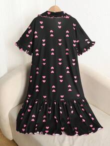 SHEIN Tween Girl Loose Casual Collared Heart Print Short Sleeve Ruffle Hem Loungewear - Multicolor - View 3