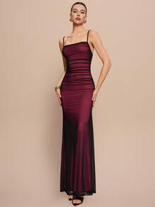 Olia Maree Olia Maree 女士网纱拼接吊带连衣裙长款女装 - 玫紅色 - 查看 3