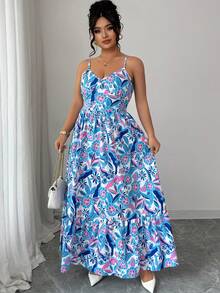 SHEIN Elenzya 女士大码梭织印花优雅吊带连衣裙 - 藍色 - 查看 5