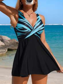 Swim Lushoire New Printed Patchwork V-Neck Tankini Swimsuit Set For Women, Spring/Summer - Multicolor - View 3