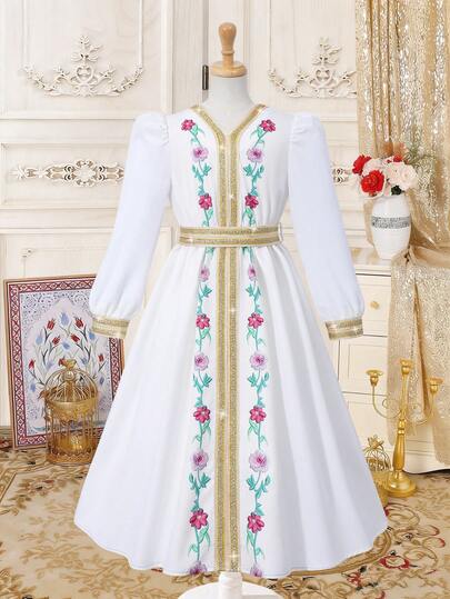 SHEIN 少女碎花缎带饰边V领长袖优雅连衣裙