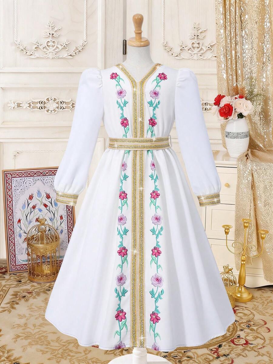 SHEIN Tween Girl Floral Print Ribbon Trim V-Neck Long Sleeve Elegant Dress - White - View 1