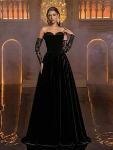 Glamrae Elegant Luxury Textured Off Shoulder Double Collar Ruffle Lace Trim A-Line Women's Party Dress, Evening Dress, Mesh Dress, Valentine's Day - Black - View 2